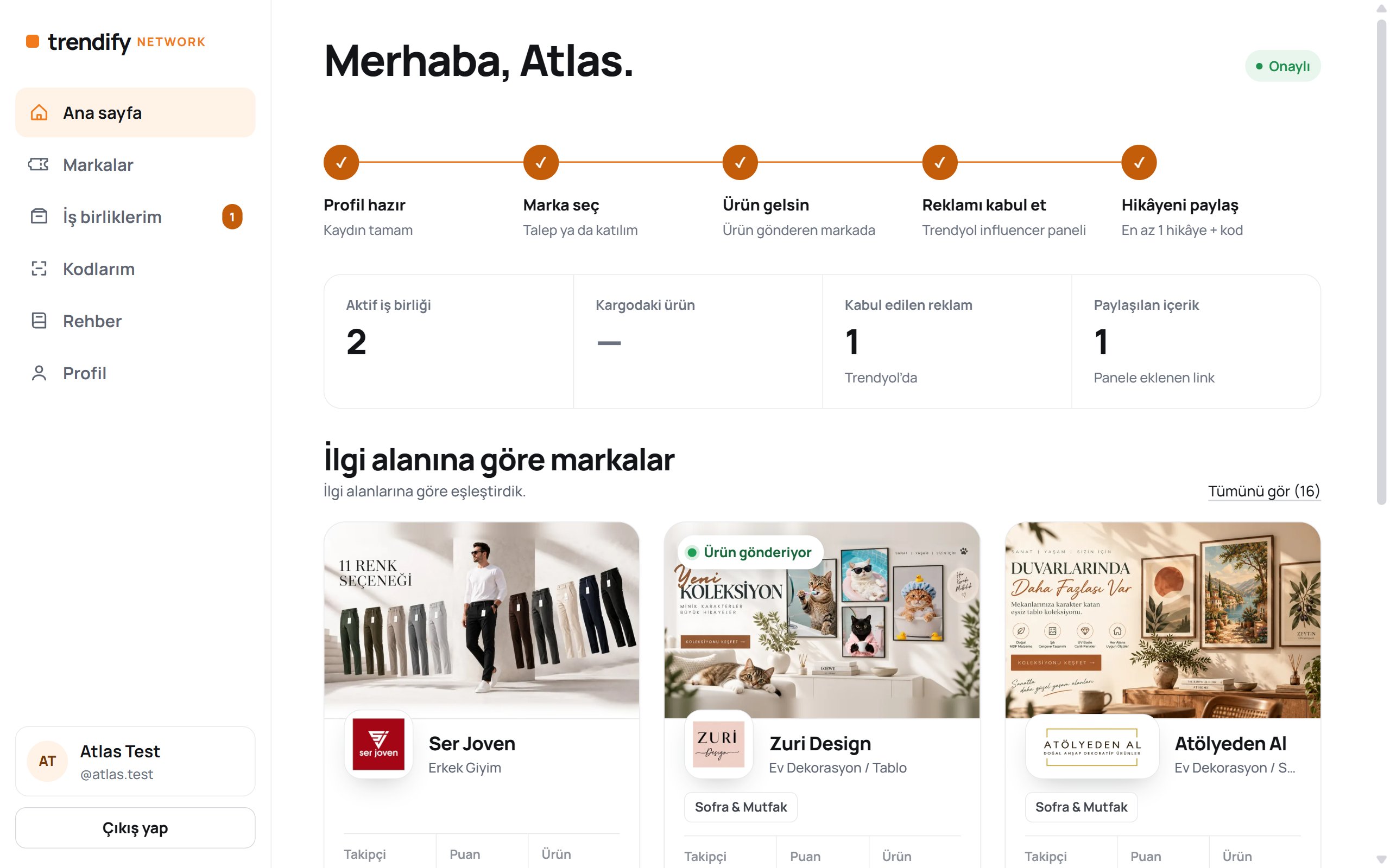 Influencer paneli ana sayfası