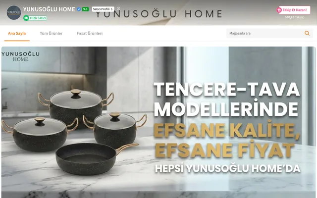 Yunusoğlu Home Trendyol mağazası, 580,1 bin takipçi, 2 Ekim 2026 itibarıyla