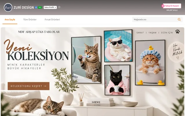 Zuri Design Trendyol mağazası, 163,1 bin takipçi, 2 Ekim 2026 itibarıyla